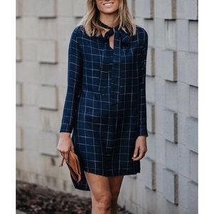 Amaryllis Navy Plaid Tie-Neck Hi-Low Tunic Dress